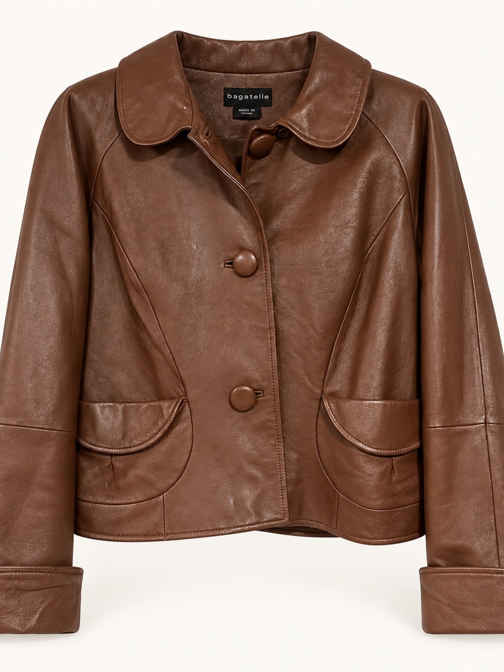 bagatelle Brown Leather Button-Front Jacket 12 - Picture 2 of 11
